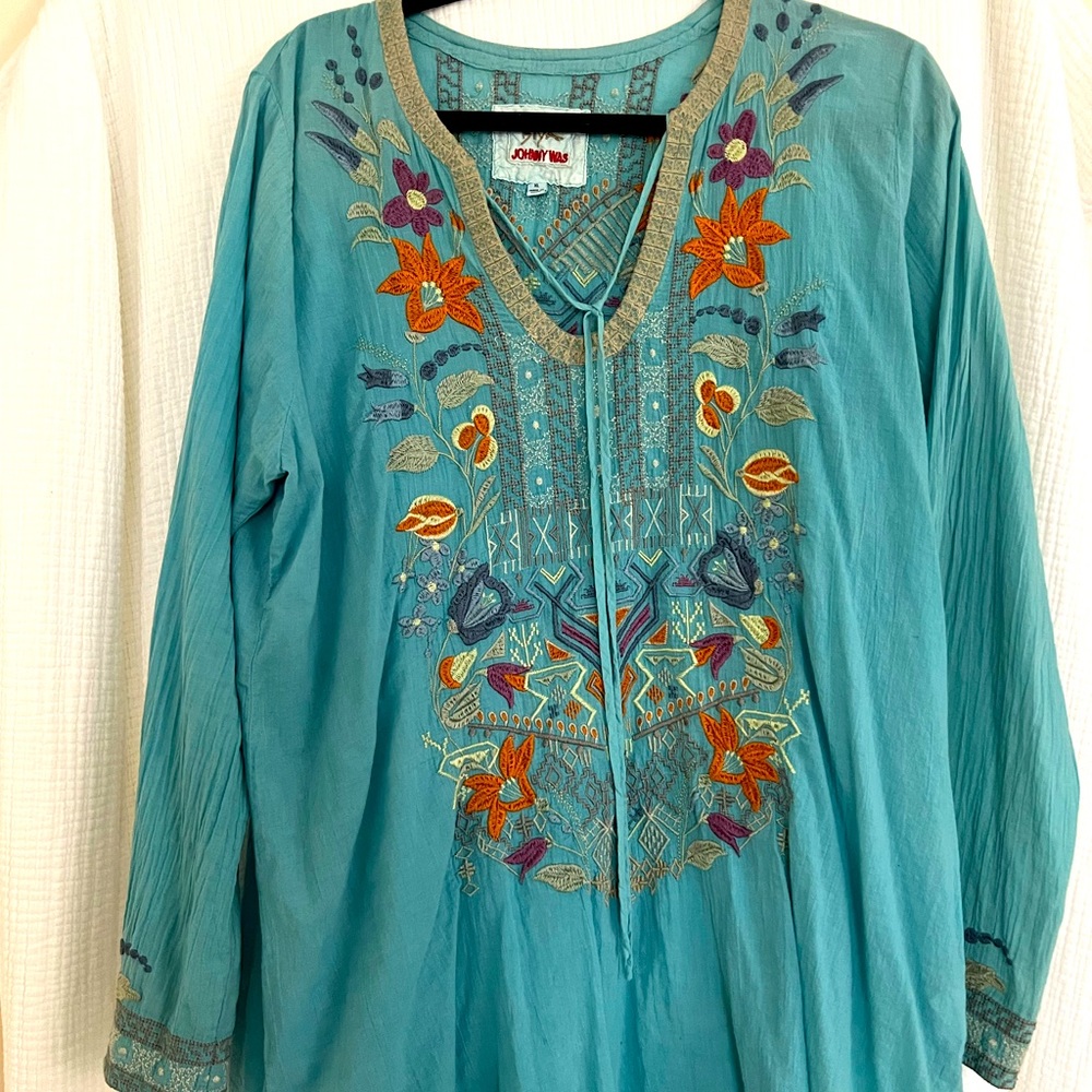 Johnny Was Tunic Women Medium Boho Fairy Embroidered Floral Colorful Comfy